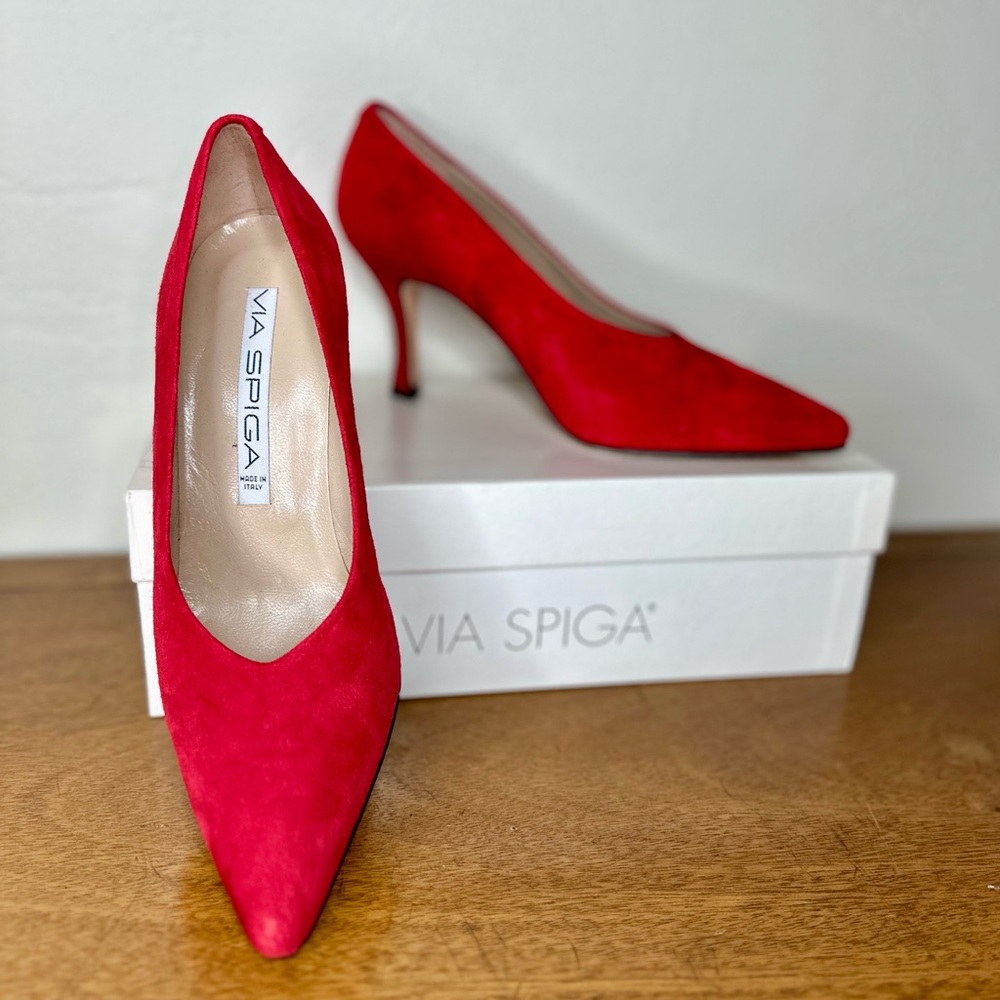 Vintage Via Spiga Red Suede Heels Made in Italy - Circa 1990s